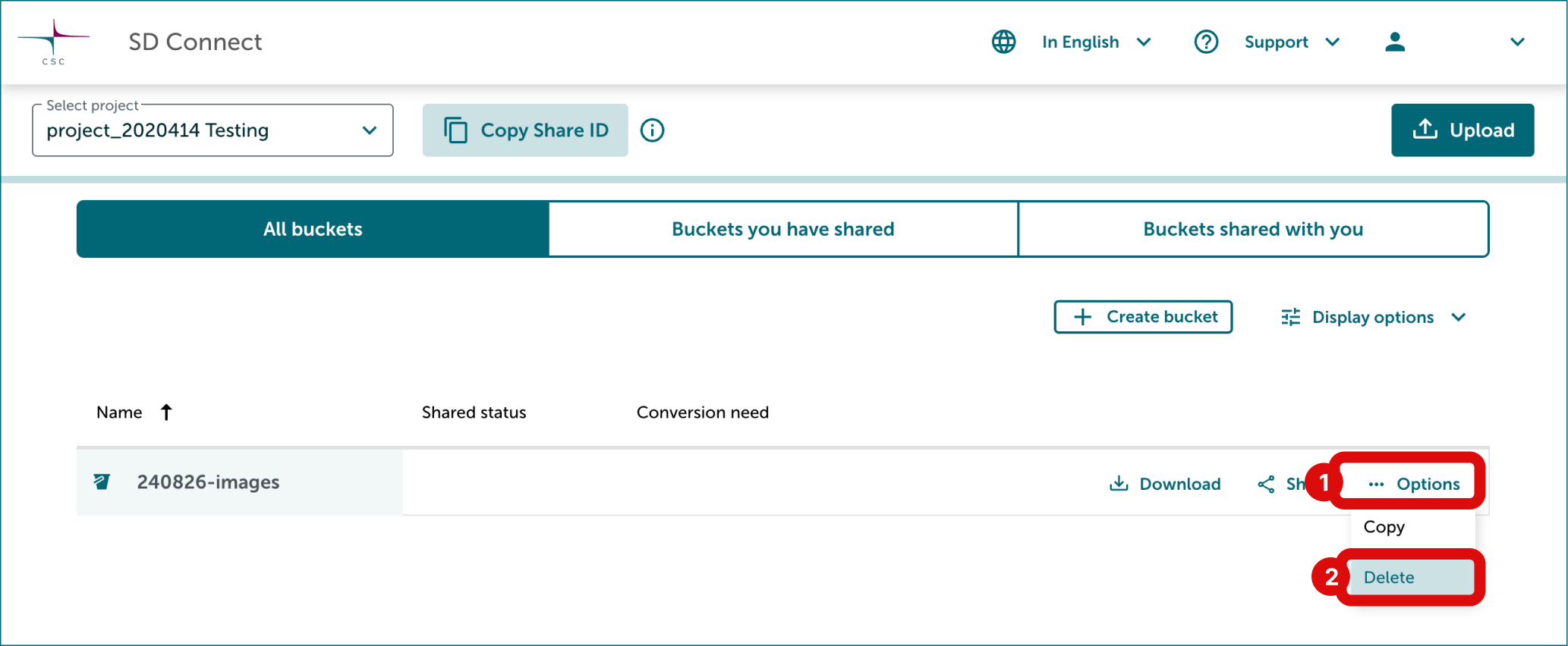 SD Connect Delete bucket