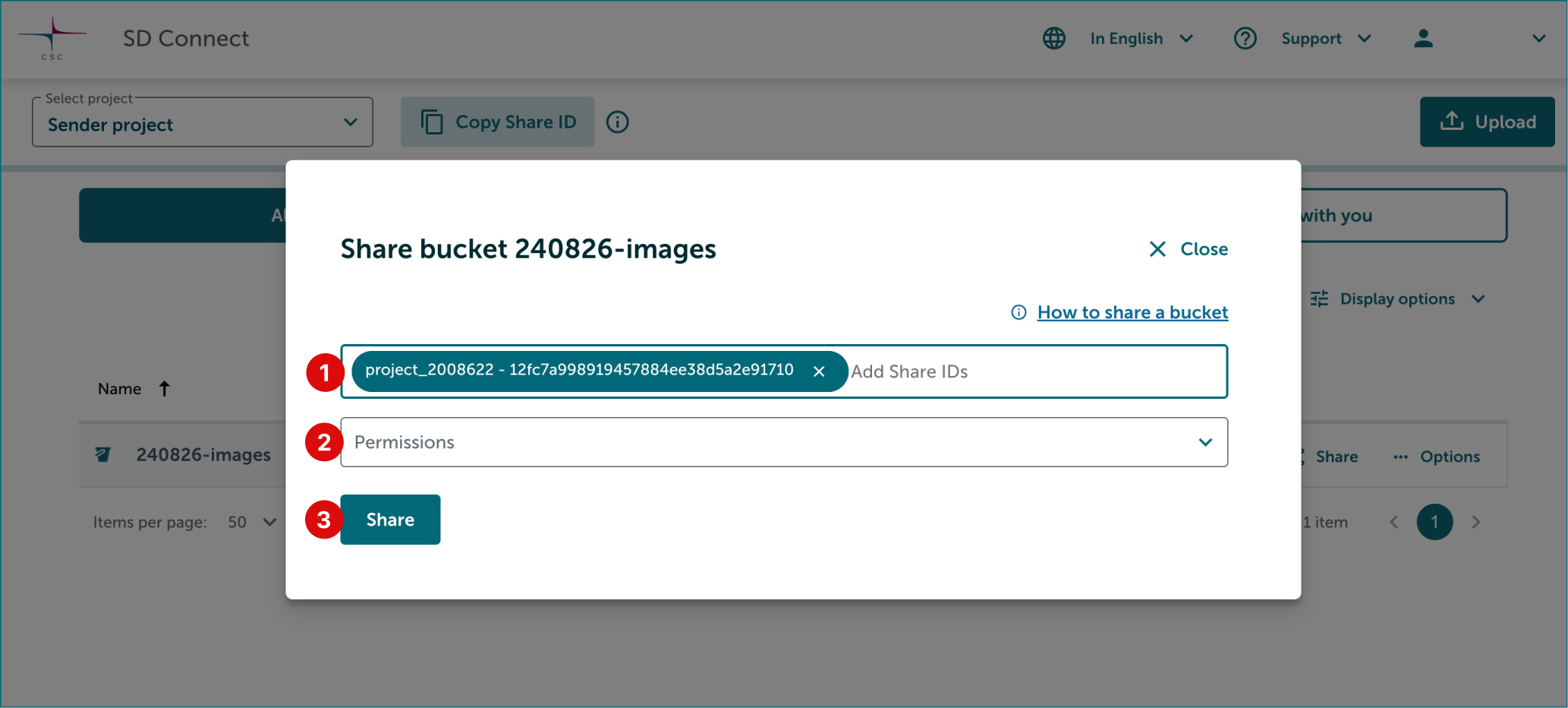 Add share ID, select permissions and Share