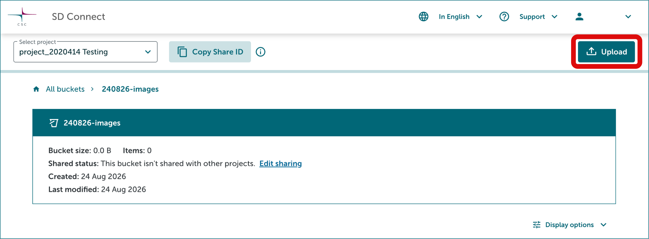 SD Connect Start Upload to an existing bucket