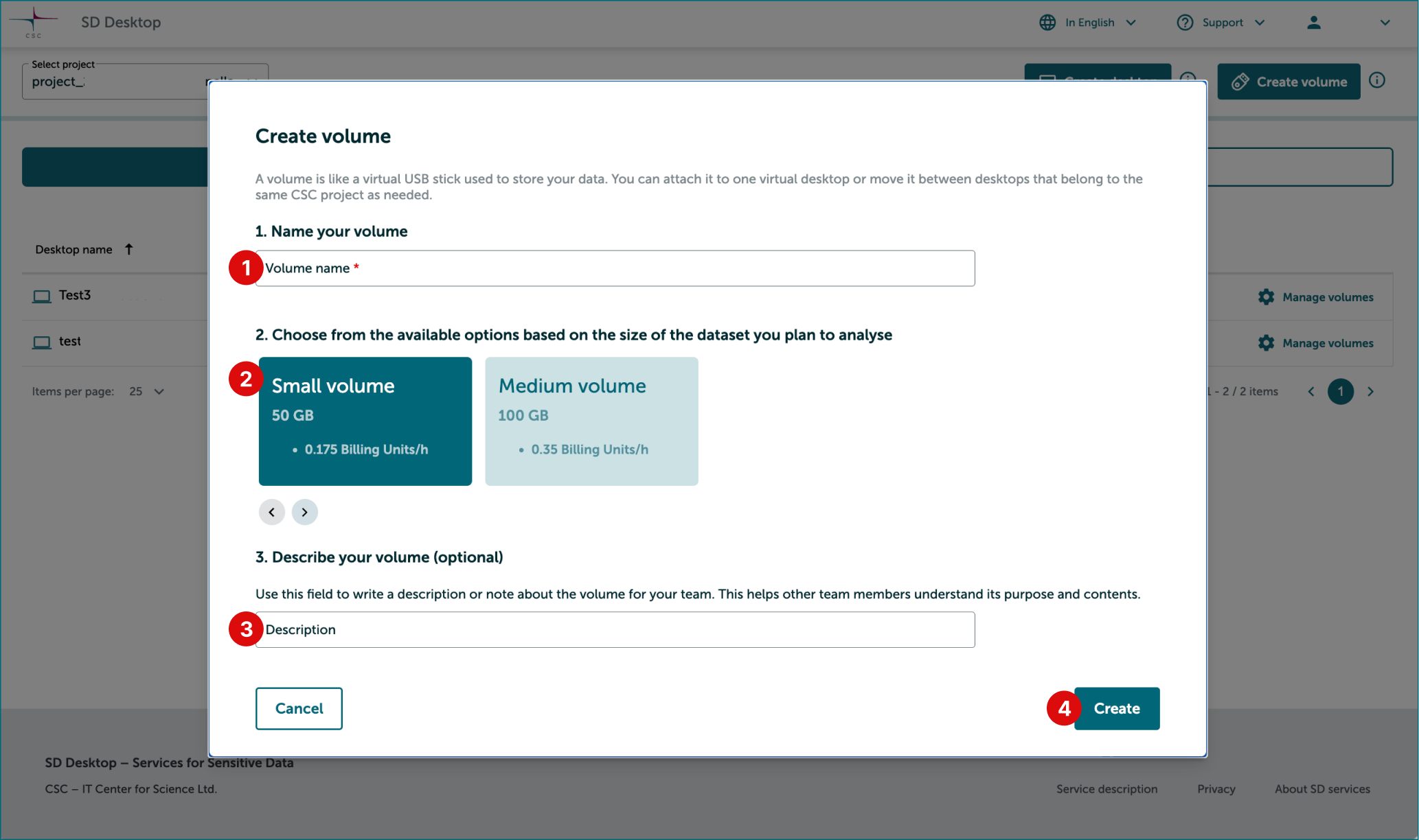 Create volume window.